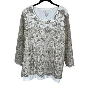 Chico's Lace Overlay Top Cream Ivory‎ Size 2 M Sheer Fringe Long Sleeve Blouse